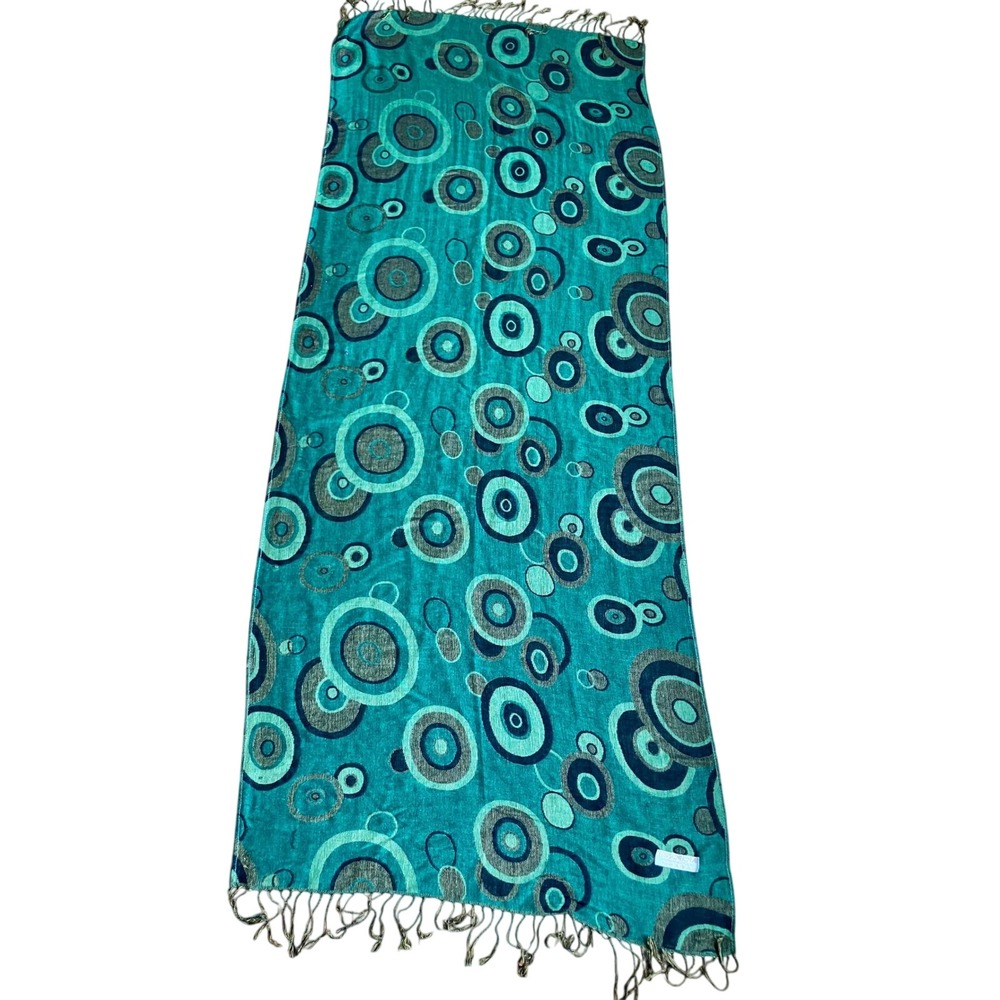 Genuine Pashmina Scarf Wrap Green Gold Circles Pattern Lightweight Fringe